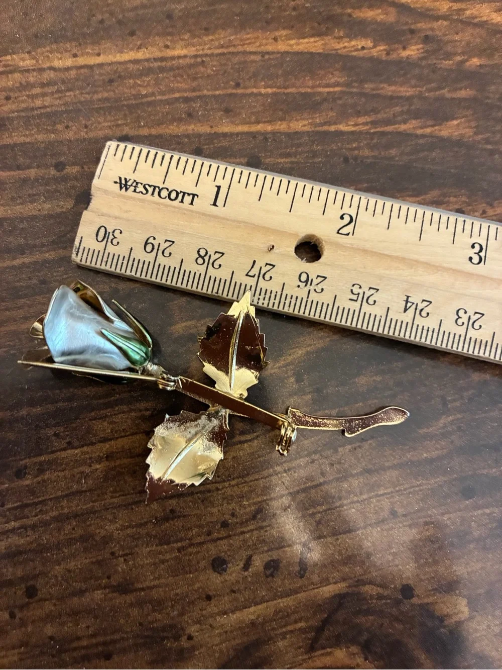 Pre-owned Vintage Giovanni Gold Tone Rose Brooch with Green Enamel Leaves